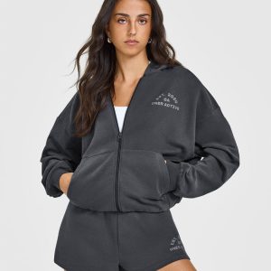Lightweight Zip Through Hoodie with Graphic Coal