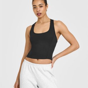 Mellow™ Rib Square Neck Mid Vest with Built in Bra Shelf Soft Black